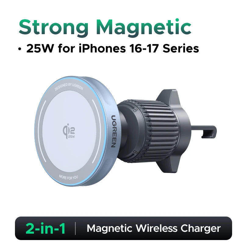 Suporte Magnético para Carro com Carregador Sem Fio UGREEN Qi 25W - Ideal para iPhone 17 e 16 Pro Max