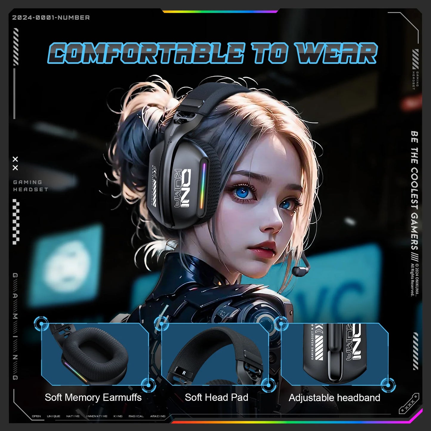 Headset Gamer Onikuma GT808 - Sem Fio, RGB e Três Modos com Microfone