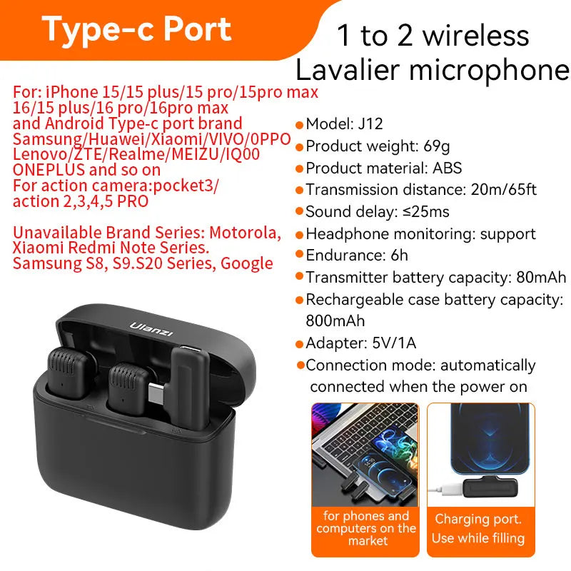 Microfone Lavalier Sem Fio Ulanzi J12 - Captura de Áudio Profissional para Smartphone