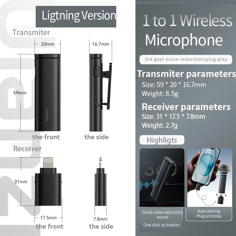 Microfone Lavalier Sem Fio Ulanzi WM-10 - Conexão USB-C para Android e iPhone