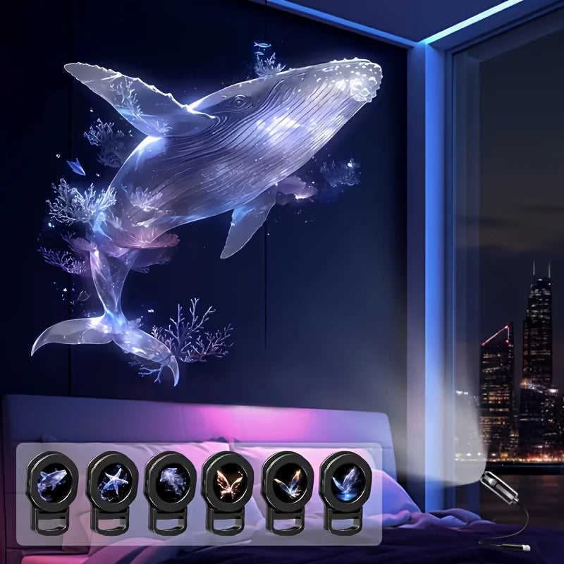 Lanterna Projetora LED USB com 3/6 Padrões de Projeção - Luz Noturna Ajustável de Baleia, Borboleta, Água-viva e Estrela-do-mar - Presente Perfeito para Festas