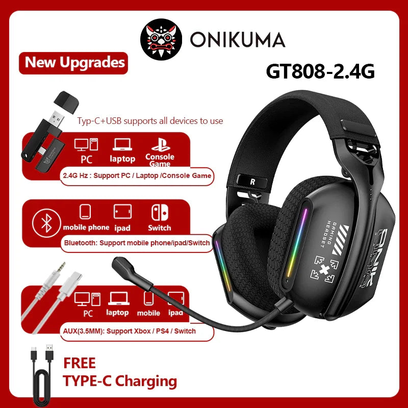 Headset Gamer Onikuma GT808 - Sem Fio, RGB e Três Modos com Microfone