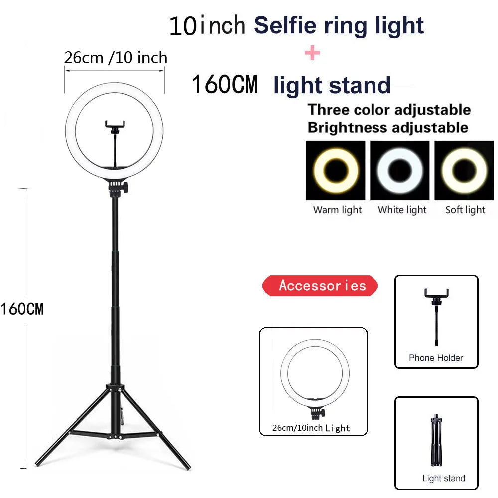 Ring Light LED Dimmable 26CM com Tripé - Iluminação Perfeita para Seus Vídeos
