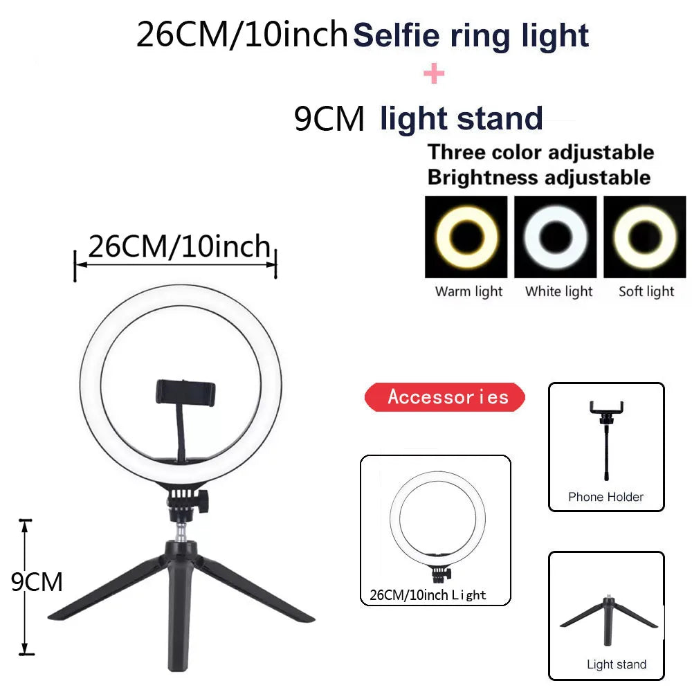 Ring Light LED Dimmable 26CM com Tripé - Iluminação Perfeita para Seus Vídeos