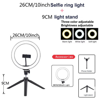 Ring Light LED Dimmable 26CM com Tripé - Iluminação Perfeita para Seus Vídeos