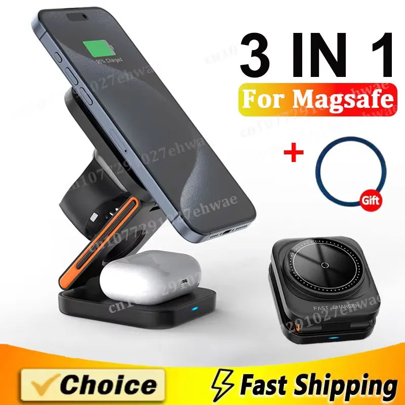 Estação de Carregamento 3 em 1 Dobrável com Carregador Sem Fio Magnético Rápido para iPhone, Apple Watch e AirPods