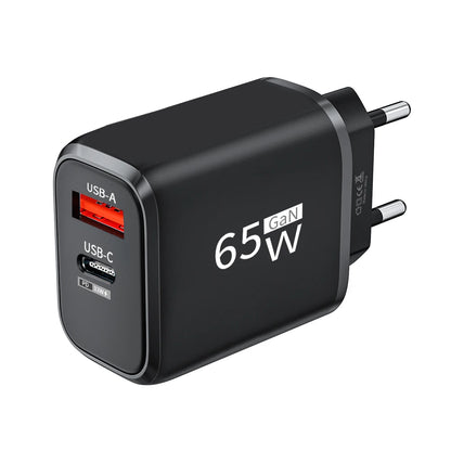 Carregador Rápido PD 65W GaN 2 em 1 - Plugue EU com Duas Portas USB Type C