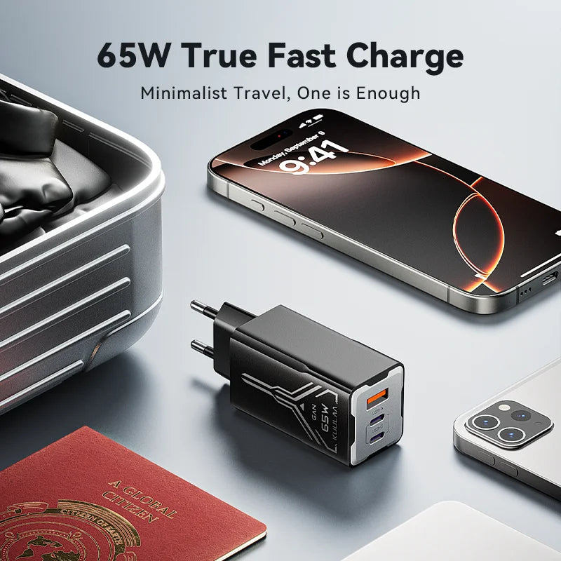 Carregador KUULAA 65W GaN - Carregamento Rápido 4.0 e 3.0 para iPhone 15, 14, 13 Pro Max e Laptops