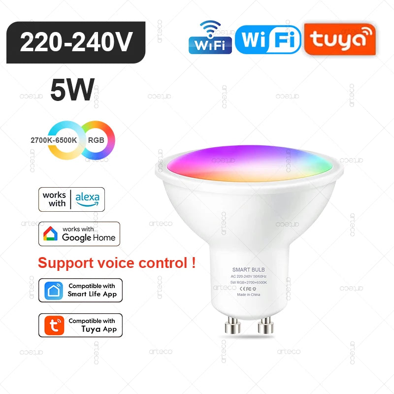 Lâmpada Inteligente Tuya E27 E14 GU10 WiFi Zigbee Bluetooth - LED Dimmable RGB 2700-6500K