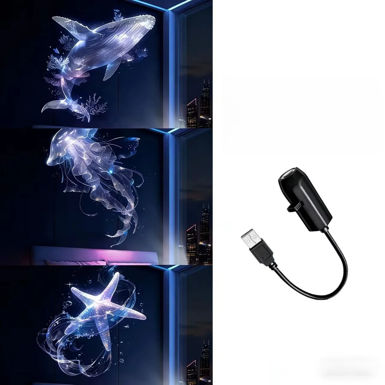 Lanterna Projetora LED USB com 3/6 Padrões de Projeção - Luz Noturna Ajustável de Baleia, Borboleta, Água-viva e Estrela-do-mar - Presente Perfeito para Festas