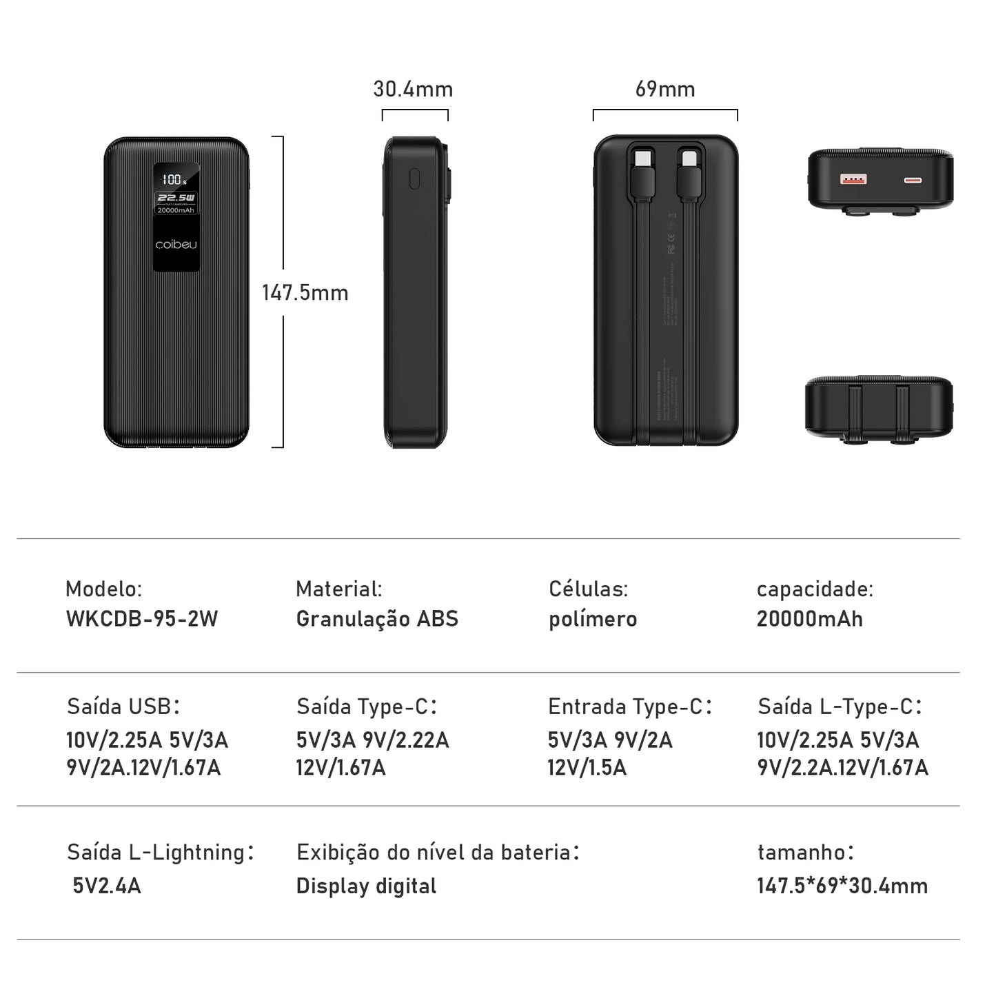 Power Bank Portátil 20000mAh - Carregador de Bateria Recarregável
