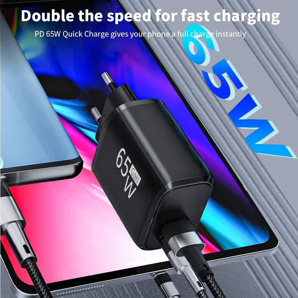 Carregador Rápido PD 65W GaN 2 em 1 - Plugue EU com Duas Portas USB Type C