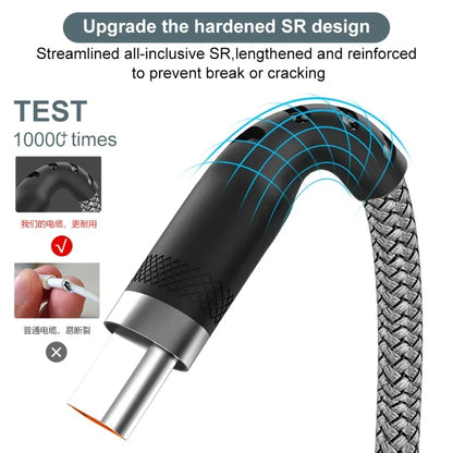Cabo de Carregamento USB A para Type C 6A - Nylon, Rápido e Durável