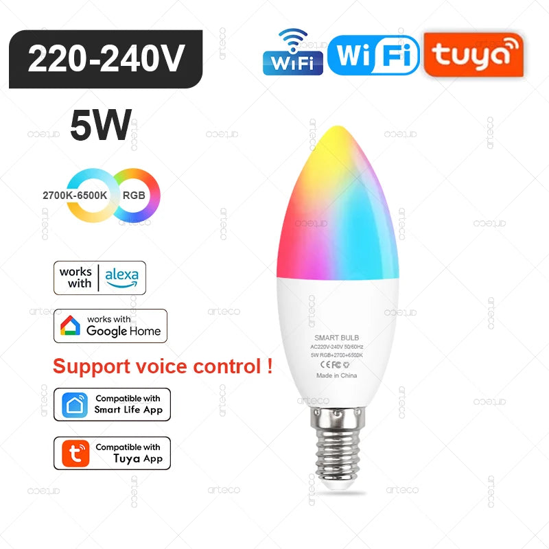 Lâmpada Inteligente Tuya E27 E14 GU10 WiFi Zigbee Bluetooth - LED Dimmable RGB 2700-6500K