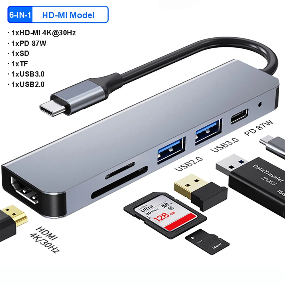 Hub USB-C 6 em 1 - Adaptador Tipo C 3.0 com Saída 4K HDMI, Leitor de Cartões SD/TF e Carregamento Rápido PD