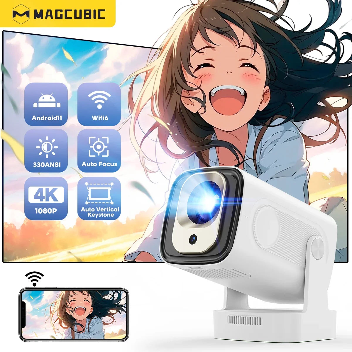 Projetor Magcubic Auto Focus 330 ANSI HY310 - 4K Suportado, 1080P, Android 11, WiFi6, BT5.4, Controle por Voz e Air Mouse