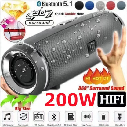 Caixa de Som Bluetooth Portátil 200W - Subwoofer HIFI à Prova d'Água IPX7