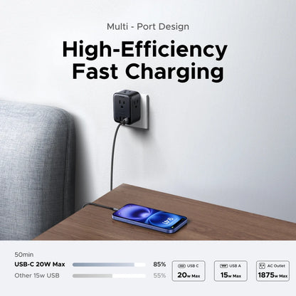 UGREEN Extensor de Tomadas 20W - 4 Tomadas AC, 3 USB-A e 1 USB-C
