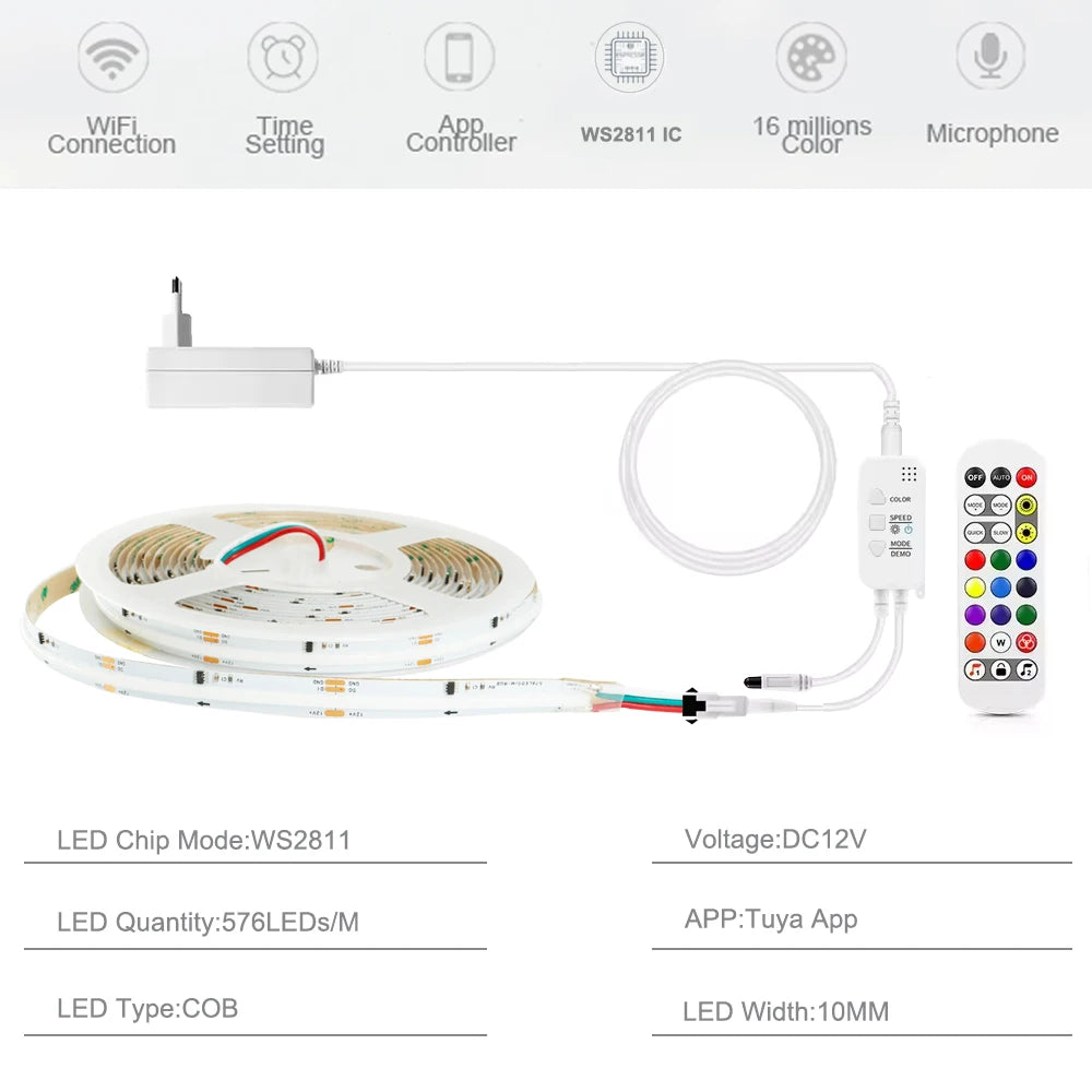 Fita de LED RGB Endereçável WS2811 IC COB com Controle APP Tuya