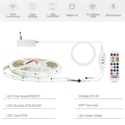 Fita de LED RGB Endereçável WS2811 IC COB com Controle APP Tuya