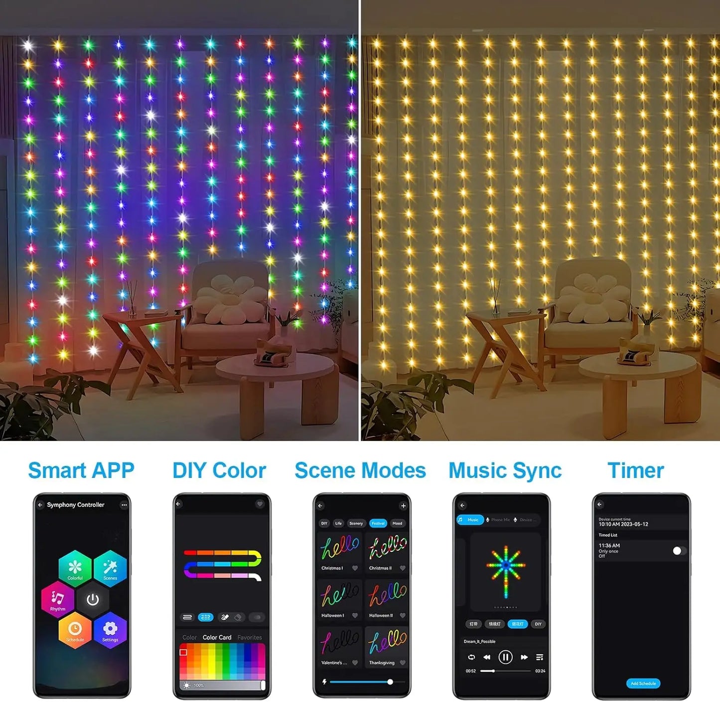 Cortina de Luzes LED RGB 3M com Controle APP - Decoração Natalina e Festiva