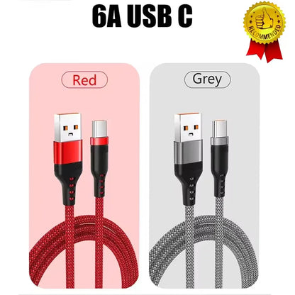 Cabo de Carregamento USB A para Type C 6A - Nylon, Rápido e Durável