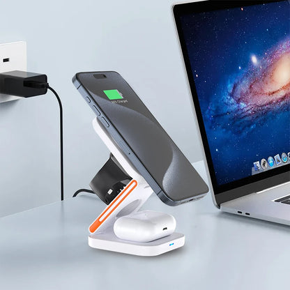 Estação de Carregamento 3 em 1 Dobrável com Carregador Sem Fio Magnético Rápido para iPhone, Apple Watch e AirPods