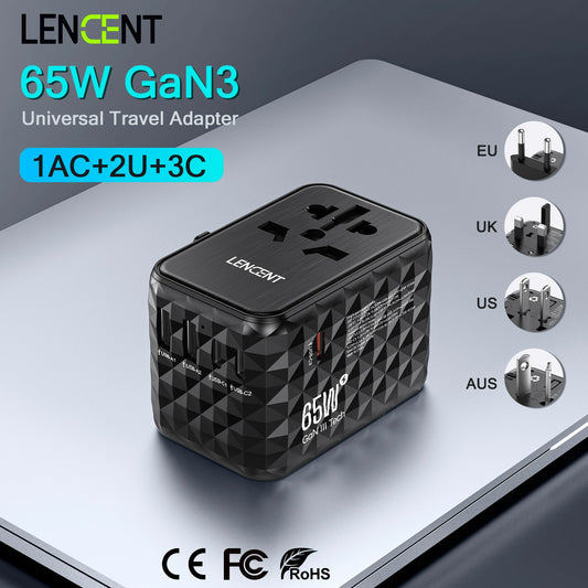 Adaptador de Viagem Universal LENCENT 65W GaN com 2 USB e 3 Type C - Carregador Rápido para EU