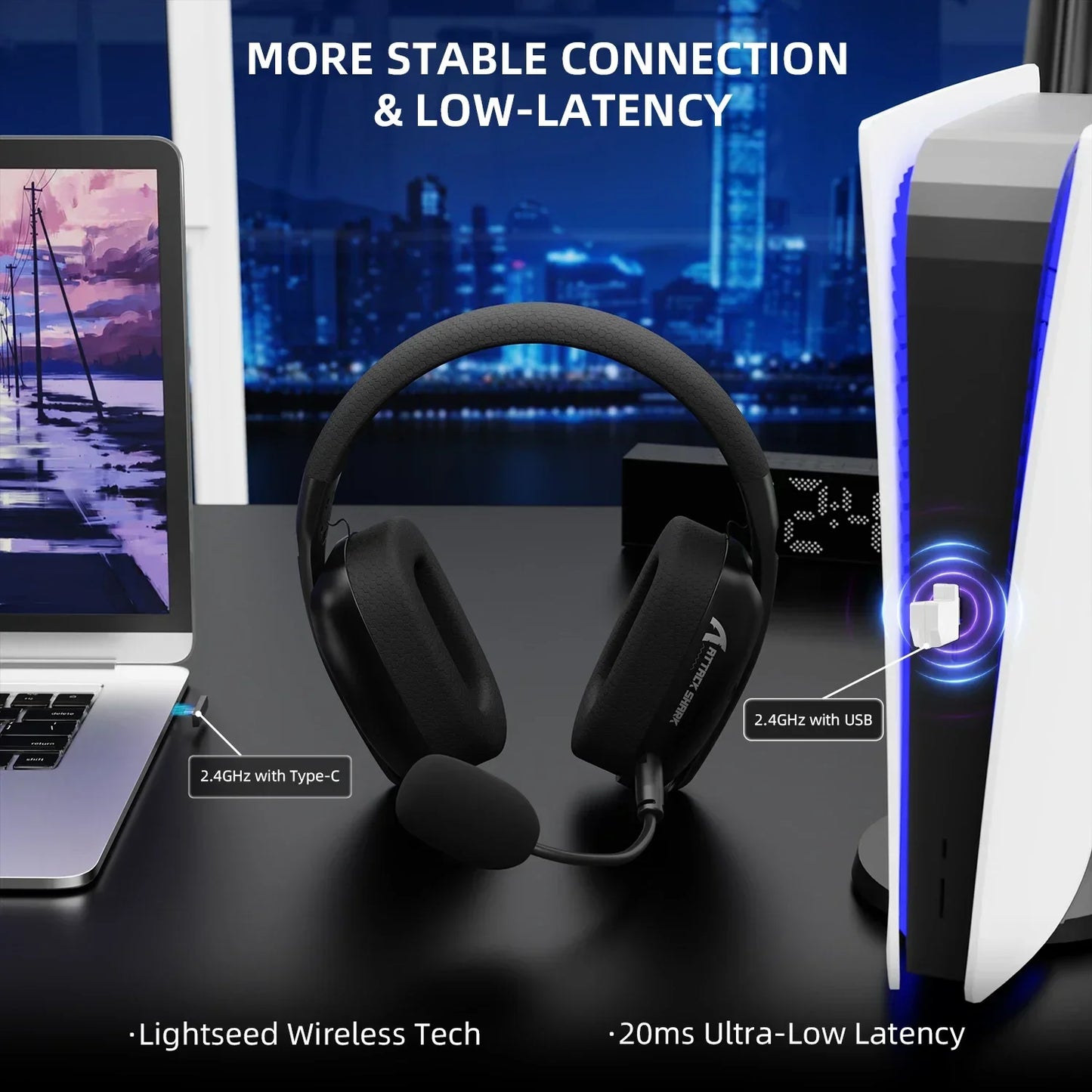 Fone de Ouvido Gamer Wireless Attack Shark L80PRO - Conectividade 2.4G/BT/Com Fio
