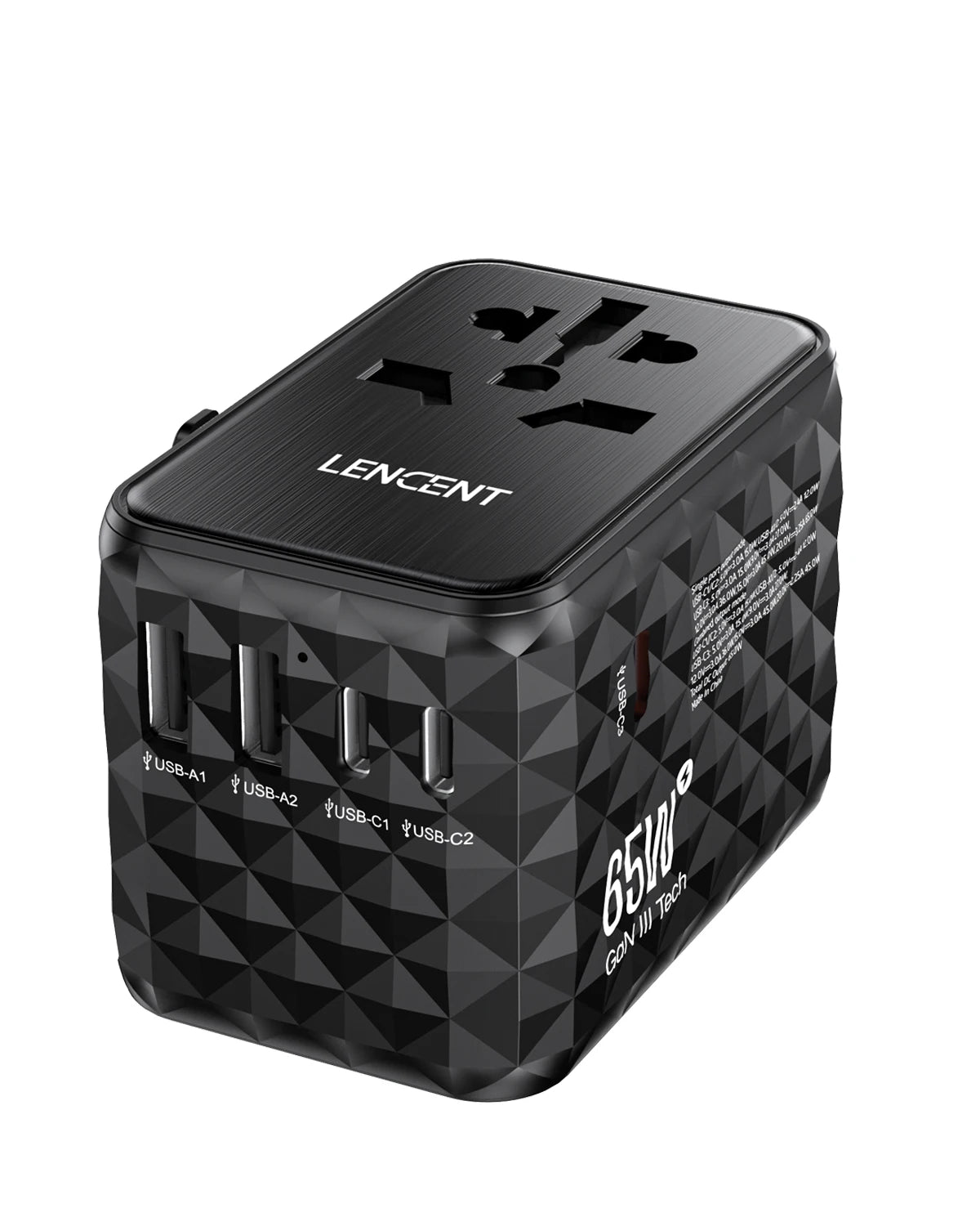 Adaptador de Viagem Universal LENCENT 65W GaN com 2 USB e 3 Type C - Carregador Rápido para EU