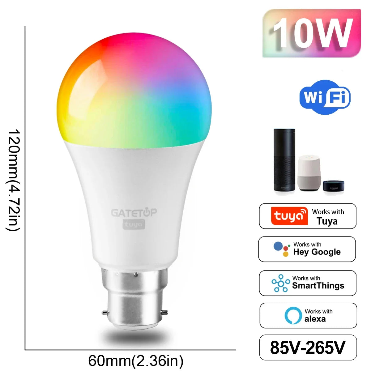 Lâmpada Inteligente RGB Dimmable Tuya - Conectividade Wi-Fi e Compatível com Alexa e Google Home