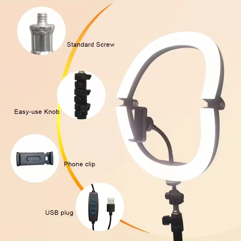 Ring Light LED de 10 Polegadas com Tripé Dobrável de 1,1m + O-Clamp - Iluminação Perfeita para Fotografia, Transmissões Ao Vivo e Maquiagem