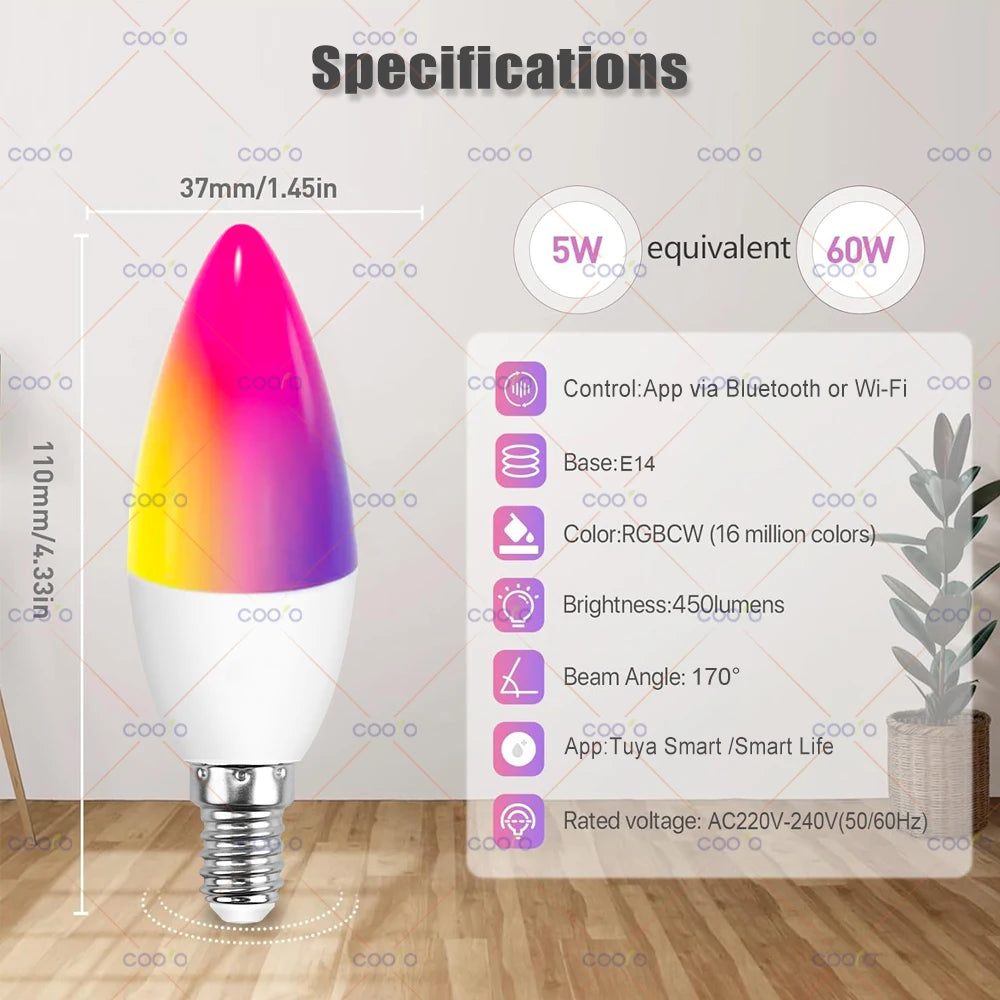 Lâmpada Inteligente Tuya Wifi E14 com Controle pelo App - LED RGB+CW Dimerizável