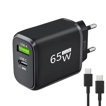 Carregador Rápido PD 65W GaN 2 em 1 - Plugue EU com Duas Portas USB Type C