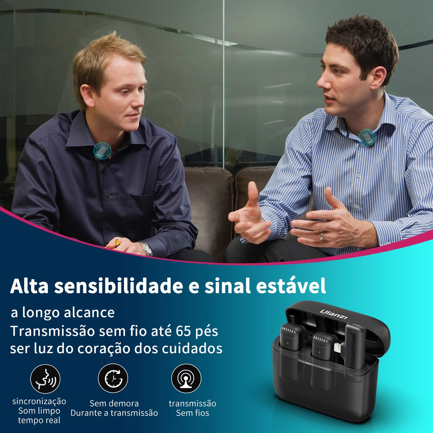 Microfone Lavalier Sem Fio ULANZI para iPhone 17 e 16 e iPad - Microfone 2 em 1 com Estojo de Carregamento