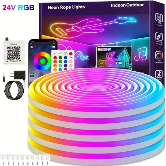 Fita de LED Neon RGB à Prova D'Água 30M DC24V com Sincronização Musical e Controle por App/Controle Remoto