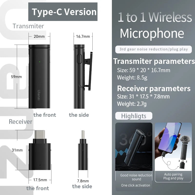 Microfone Lavalier Sem Fio Ulanzi WM-10 - Conexão USB-C para Android e iPhone