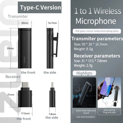 Microfone Lavalier Sem Fio Ulanzi WM-10 - Conexão USB-C para Android e iPhone