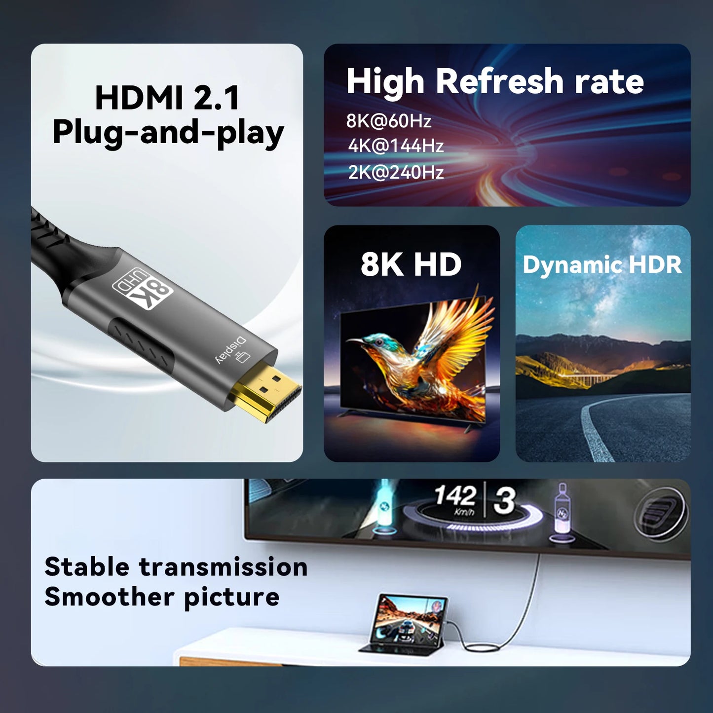 Cabo USB-C para HDMI 8K@60Hz e 4K@120Hz - Adaptador Compatível para TV e MacBook
