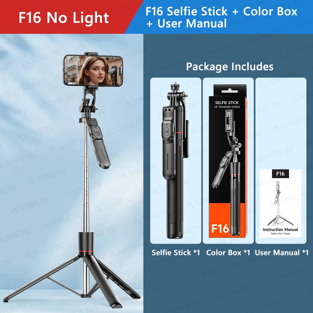 F16 Bastão de Selfie Tripé com 1708mm de Comprimento, 8 Seções, Controle Remoto Bluetooth, Rotação 360°, Interface 1/4 para Câmera de Smartphone e Vlog