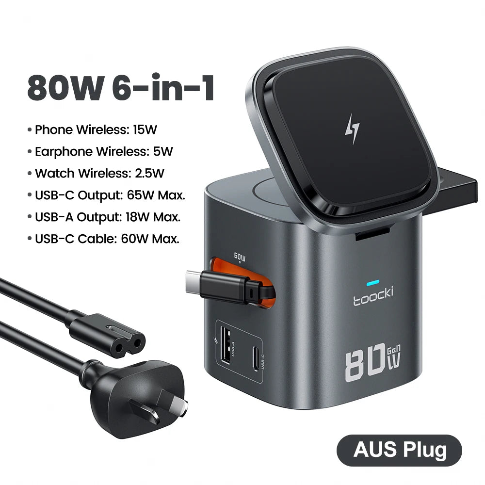 Estação de Carregamento Toocki 80W 6 em 1 com GaN para Magsafe 15W e Cabo Retrátil 60W