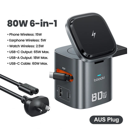 Estação de Carregamento Toocki 80W 6 em 1 com GaN para Magsafe 15W e Cabo Retrátil 60W