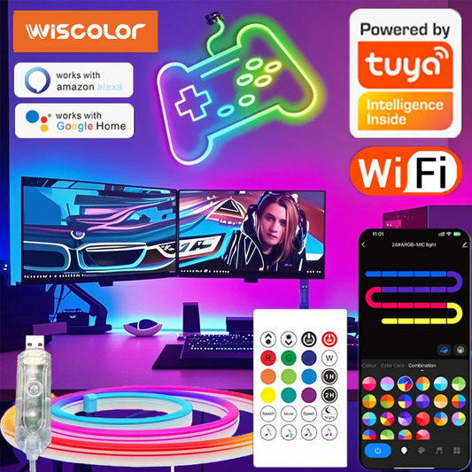 Fita de LED RGBIC Neon WISCOLOR Tuya - À Prova d'Água com Controle por Voz