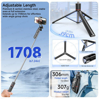 F16 Bastão de Selfie Tripé com 1708mm de Comprimento, 8 Seções, Controle Remoto Bluetooth, Rotação 360°, Interface 1/4 para Câmera de Smartphone e Vlog
