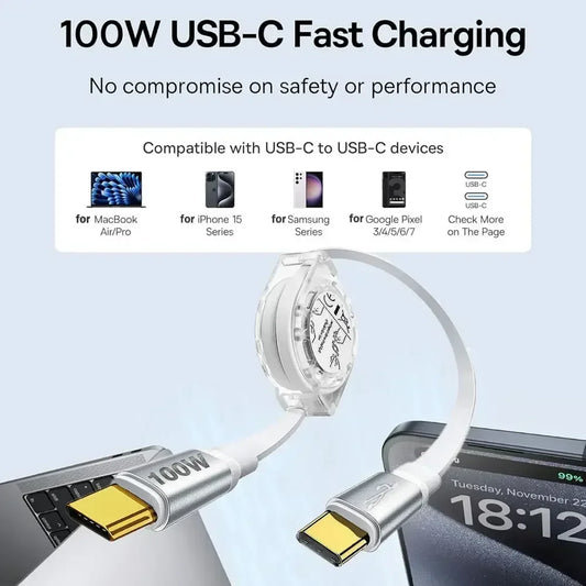 Cabo Retrátil PD 100W USB-C para iPhone 15 Pro Max, MacBook e Samsung