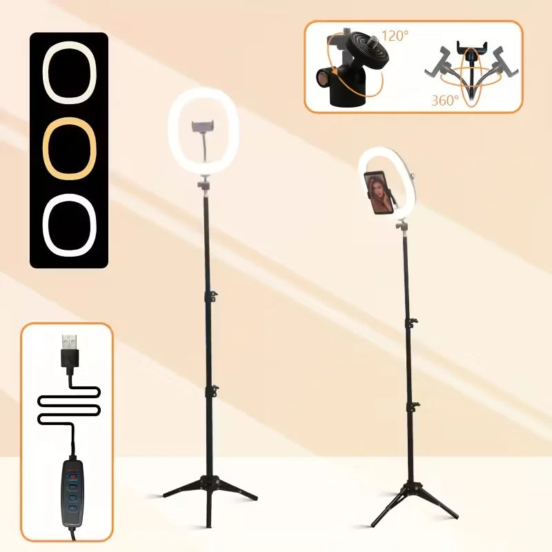 Ring Light LED de 10 Polegadas com Tripé Dobrável de 1,1m + O-Clamp - Iluminação Perfeita para Fotografia, Transmissões Ao Vivo e Maquiagem