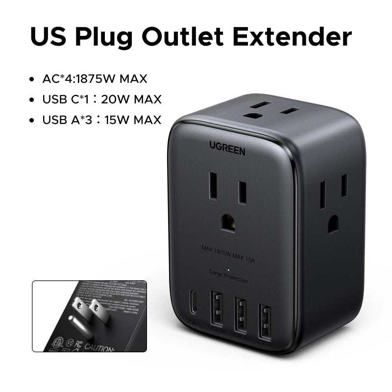 UGREEN Extensor de Tomadas 20W - 4 Tomadas AC, 3 USB-A e 1 USB-C