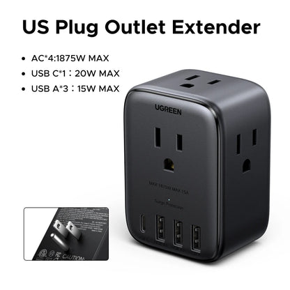 UGREEN Extensor de Tomadas 20W - 4 Tomadas AC, 3 USB-A e 1 USB-C