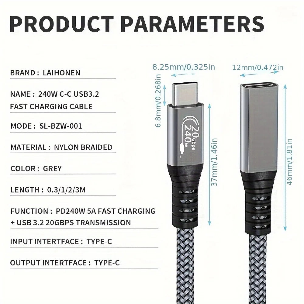 Cabo Extensor USB-C 10 pés - Carregamento 240W e Transmissão de Dados 20Gbps