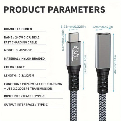 Cabo Extensor USB-C 10 pés - Carregamento 240W e Transmissão de Dados 20Gbps
